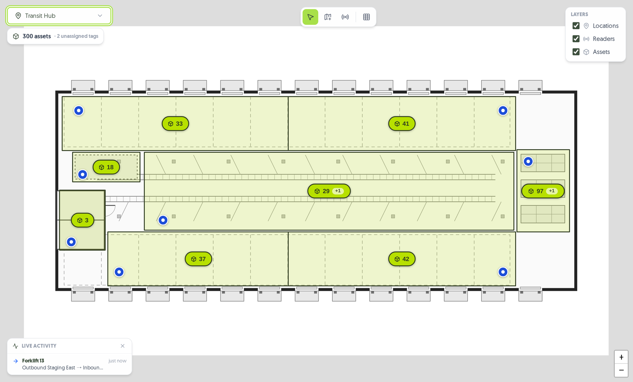 Your floor plan, live — zones, readers and everything currently inside them.